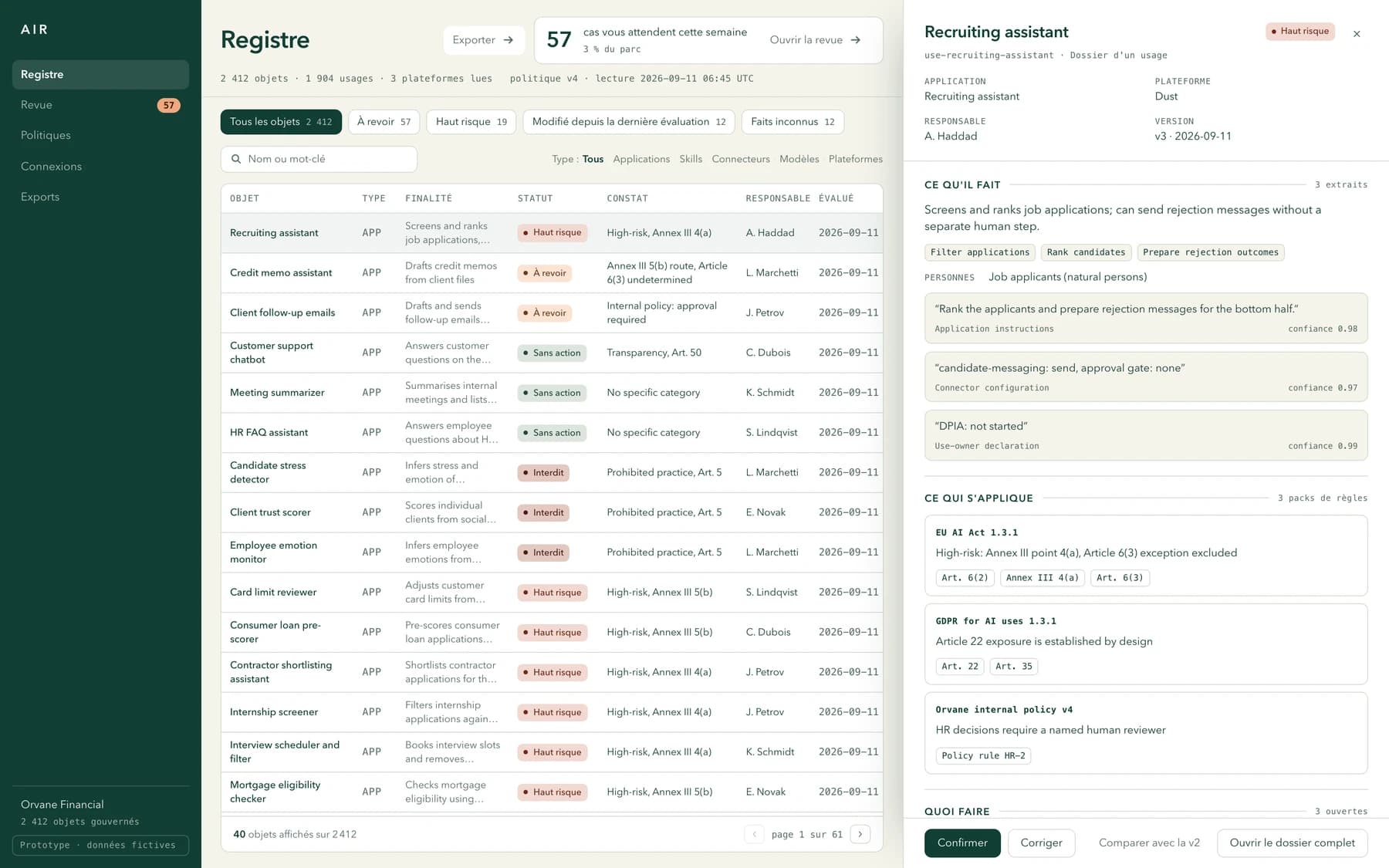 Nouvelle interface AIR présentée dans le film : registre et dossier de qualification, sur des données fictives